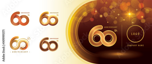Set of 60th Anniversary logotype design, Sixty years Anniversary Celebrating Logo. Abstract Infinity Round number 60, Infinity loop logo, Gold Infinity multiple Rounded line