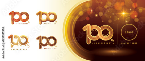 Set of 100th Anniversary logotype design, Hundred years Anniversary Celebrating Logo. Abstract Infinity Round number 100, Infinity loop logo, Gold Infinity multiple Rounded line