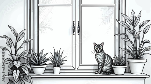 Cat sitting on windowsill among potted plants in a light interior  