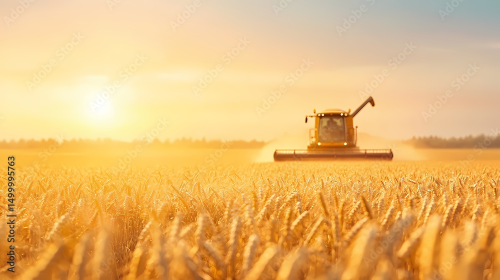 Fototapeta premium Golden wheat field being harvested by a combine harvester at sunset. Agriculture, farming, harvesting, rural landscape concept.