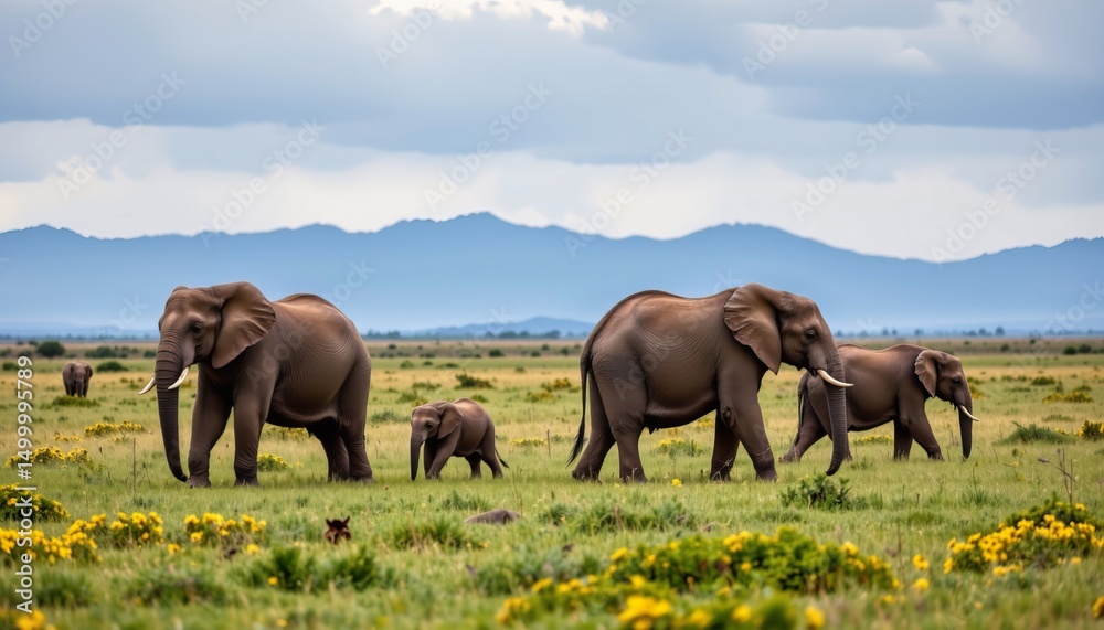 Fototapeta premium Majestic elephants roaming freely in wide open grassland under a cloudy sky with distant mountains in view
