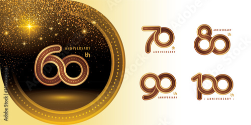 Set of 60 to 100 years Anniversary logo design, Celebrating Logo. Abstract Infinity Rounded Lines and Dots number 60; 70; 80; 90; 100 year Infinity loop logo, Gold Infinity multiple Round line