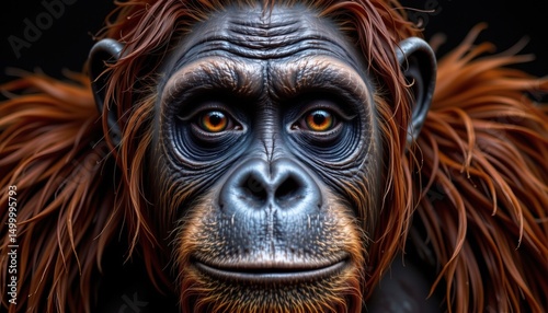 Detailed Portrait of a Realistic Artistic Representation of an Orange-Haired Primate with Deep Brown Eyes photo