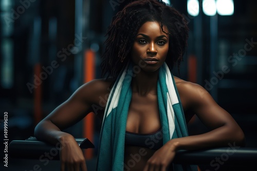 Tired after workout young female athlete bodybuilder, sitting in the gym. Young African American woman sitting on a gym bench with a towel on her neck and looking at camera.