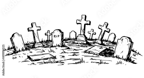 Spooky graveyard scene with tombstones and crosses. Halloween illustration features old tombstones, broken crosses, and overgrown grass.  Graveyard scene perfect for Halloween invitations, announcemen
