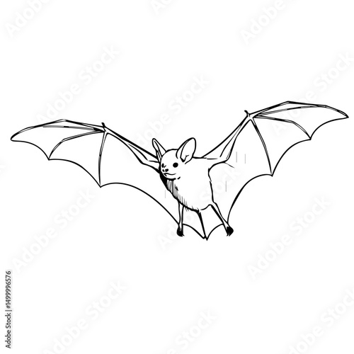 Halloween bat illustration flying creature in black and white. Simple bat drawing perfect for spooky season designs. This flying mammal image is ideal for Halloween decorations, party invitations, or