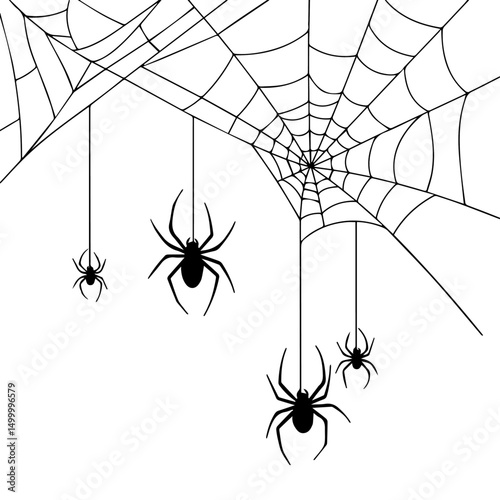 Halloween spiderweb with creepy spiders hanging.  Halloween design includes detailed spiderwebs and small black spiders. This spooky Halloween illustration is perfect for holiday invitations or poster