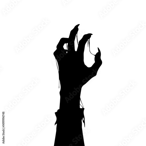 Spooky Halloween hand reaching up from grave. Halloween monster hand with long nails and dripping blood. Creepy Halloween design for party invitations or scary movie posters.
