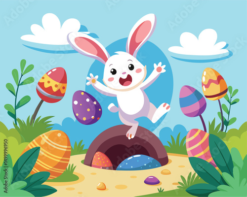 Adorable Easter Bunny with Colorful Eggs in Springtime