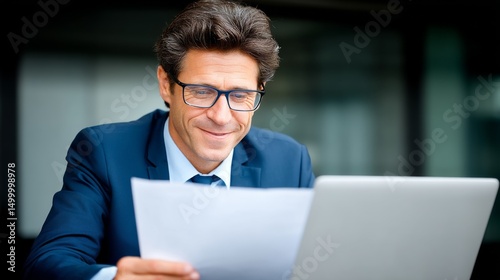 Businessman in formal attire working on a laptop outdoors with a focused expression photo
