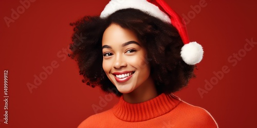 African American young woman in Santa hat over red background. Happy laughing young woman.