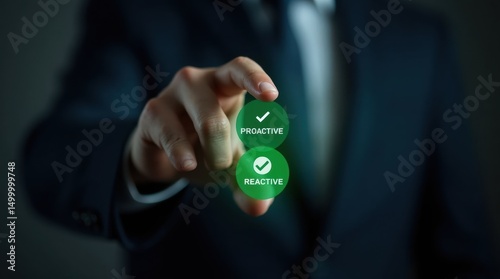 A hand selects proactive versus reactive options.