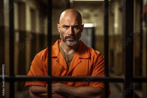 Middle aged Caucasian prisoner in orange uniform, looking at camera. Criminal serves term of imprisonment in prison cell. Inmate stands behind bars in jail or detention center.