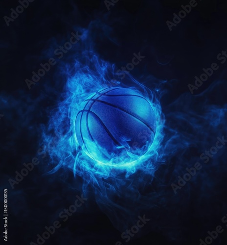 Blue basketball engulfed in vibrant blue flames against a dark background