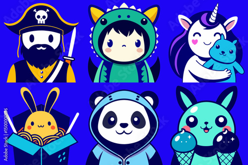 Colorful cartoon characters in cute animal and pirate costumes  
