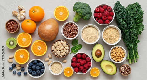 Healthy Eating Flat Lay of Fresh Fruits, Vegetables, and Grains