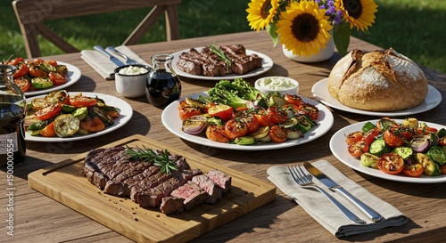 Delicious Summer BBQ Feast Grilled Steak, Vegetables, and Artisan Bread on a Sunny Patio