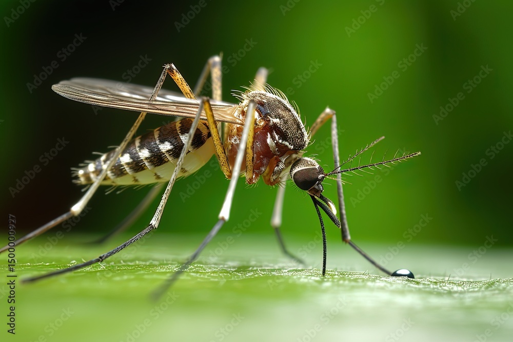 Fototapeta premium Mosquito on green leaf. Close-up image.