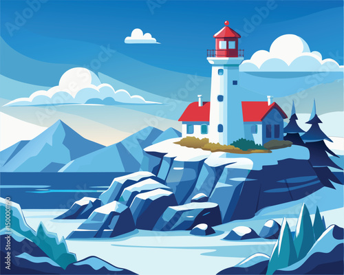 Lighthouse on a snowy cliff overlooking the sea