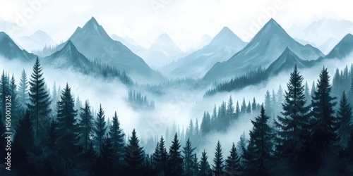 Misty mountain range with dark forest