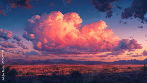 Vast desert landscape, dramatic sunset cloud