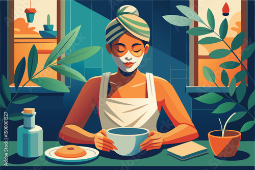 Woman Enjoying a Relaxing Moment with Tea and Face Mask at Home