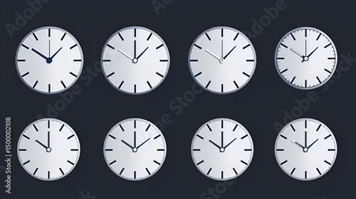 Modern clock faces. Minimalist watch, round clocks and watch face. Ticking clock timer measurement symbols, work time deadline metaphor. Isolated vector icons set