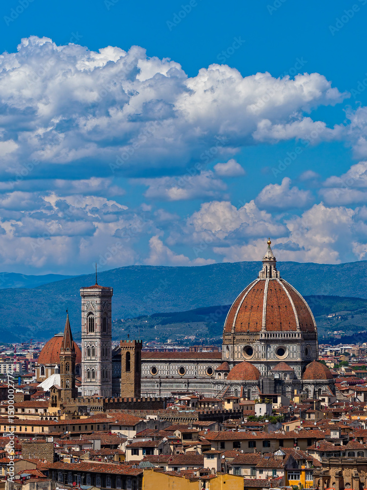 Fototapeta premium The dome of Santa Maria del Fiore dominates the Florence skyline, while the Church of San Lorenzo stands in the background, adding depth to the city's historic panorama.