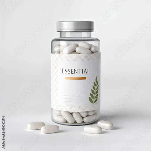 Bottle of essential pills isolated on white background with minimalist label design