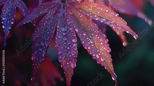 Dewdrops on vibrant purple japanese maple leaf closeup
