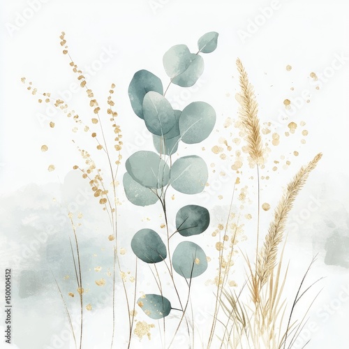 Delicate, muted watercolor botanical print featuring eucalyptus leaves, grasses, and gold accents on a soft, misty background