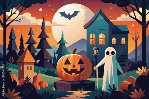 Enchanted Halloween Night. Spooky Pumpkins and Ghosts