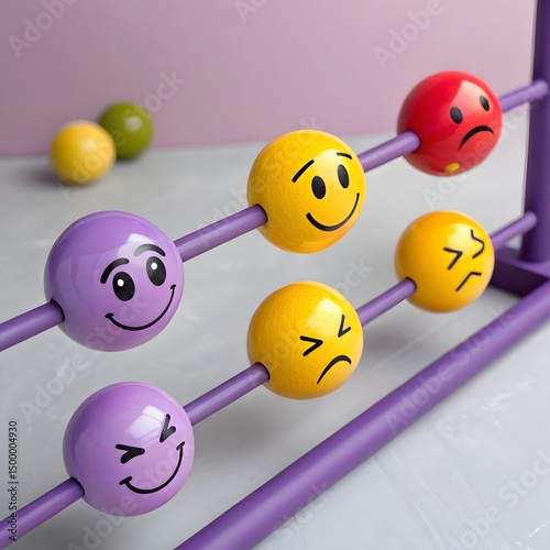 3D illustration of four emoticon faces showing a range of emotions from happy to angry, balanced on purple rods at different angles against a soft purple background – surreal and expressive emotional 