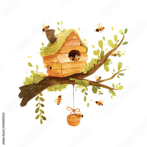 Beekeeping scene with a wooden hive surrounded by bees on a sunny day in a lush green garden
