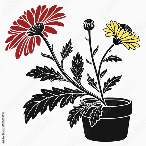 This minimalist plant design features two vibrant flowers—one red, one yellow—rising from a black pot. The green leaves and stems contrast sharply against the white background