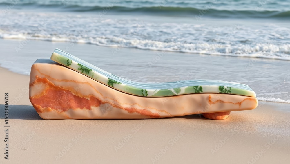 Colorful abstract beach sculpture with ocean waves in the background Colorful abstract beach sculpture with ocean waves in the background
