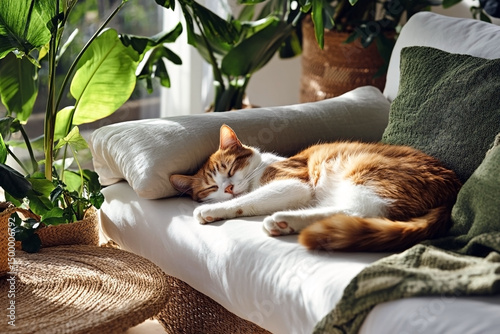 Sleeping Cat on Cozy Bed in Sunlight