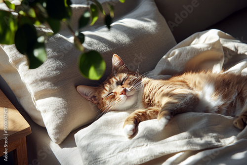 Sleeping Cat on Cozy Bed in Sunlight