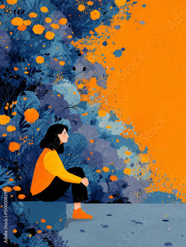 Young woman finding solace in nature, contemplating amidst vibrant blossoms and serene landscape