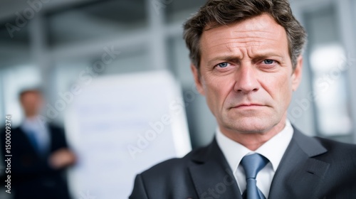 Confident middle-aged man in formal suit with serious expression in a professional setting photo