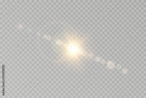 Warm shimmer blends gently across light source. Vector light leak creates dreamy summer ambiance. Golden flare effect suits headers and web banners.