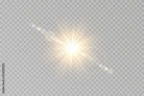 Warm shimmer blends gently across light source. Vector light leak creates dreamy summer ambiance. Golden flare effect suits headers and web banners.