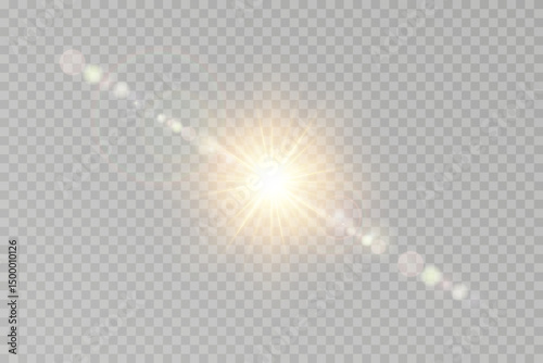Warm shimmer blends gently across light source. Vector light leak creates dreamy summer ambiance. Golden flare effect suits headers and web banners.