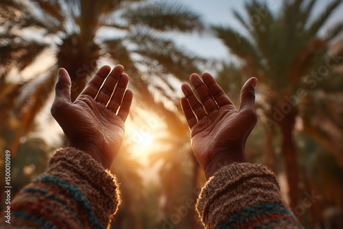 Open hands for pray worship or begging receiving sunlight