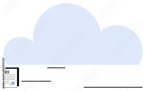 Large cloud with prescription document highlights digital health records, e-prescribing, data access, and connectivity. Ideal for telemedicine, cloud computing, health tech, file storage, sharing