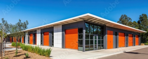 Modern industrial building with orange loading docks and glass entrance on sunny day