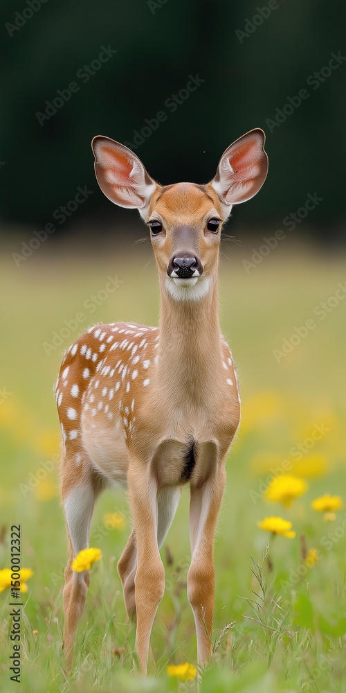 Fototapeta premium A baby deer stands in a field of yellow flowers. Concept of innocence and purity, as the deer is a symbol of youth and new beginnings. The bright yellow flowers in the background add a touch of warmth