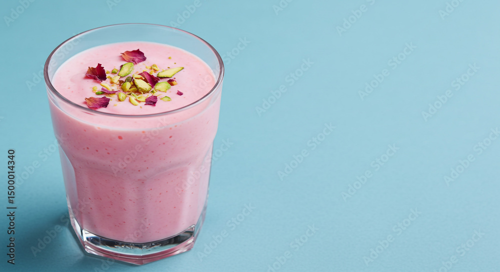 Pink rose milkshake with petals.
Pink rose milkshake with petals.