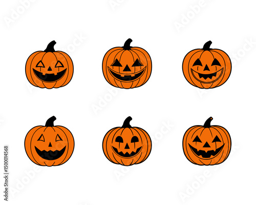 Halloween pumpkin face vector collection - funny jack-o-lantern expressions, cute, scary, beautiful Halloween icons and funny pumpkins for spooky autumn designs.