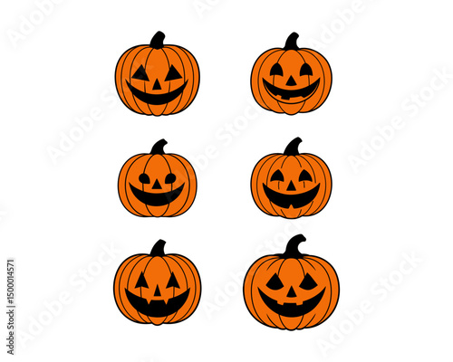 Halloween pumpkin face vector collection - funny jack-o-lantern expressions, cute, scary, beautiful Halloween icons and funny pumpkins for spooky autumn designs.